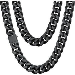 Men's 14mm Width Steel Black 18K Gold Plated Cuban Durable Hip Hop Chain Jewelry